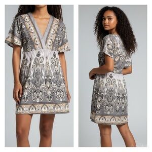 Atelier Jai Women's Gray Elegant Paisley V-Neck Swing Dress•L-XL